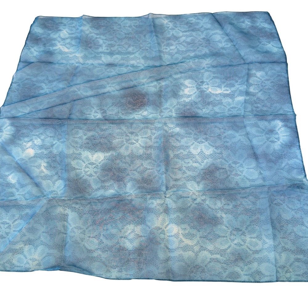 Vintage Italian Blue Floral Lace Print Sheer Square Scarf Neckerchief cottagecor